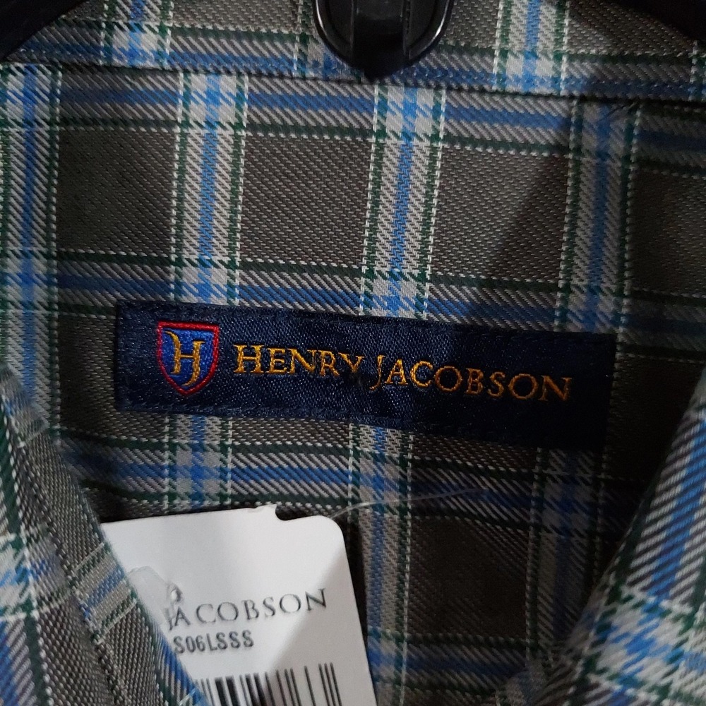 Henry Jacobson Shirt Mens Large‎ Gray Blue Plaid Cotton Long Sleeve Button Front - Picture 6 of 13